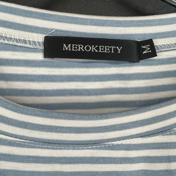 Merokeety blue and white tie waist striped short sleeve dress with pockets M - Picture 6 of 10